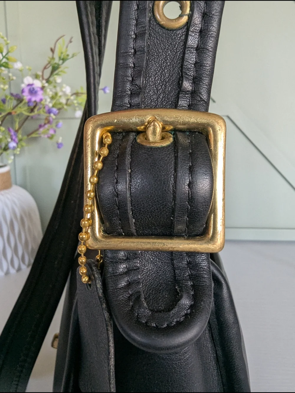 Coach Black Leather Crossbody with Gold Hardware and Cherry Charm